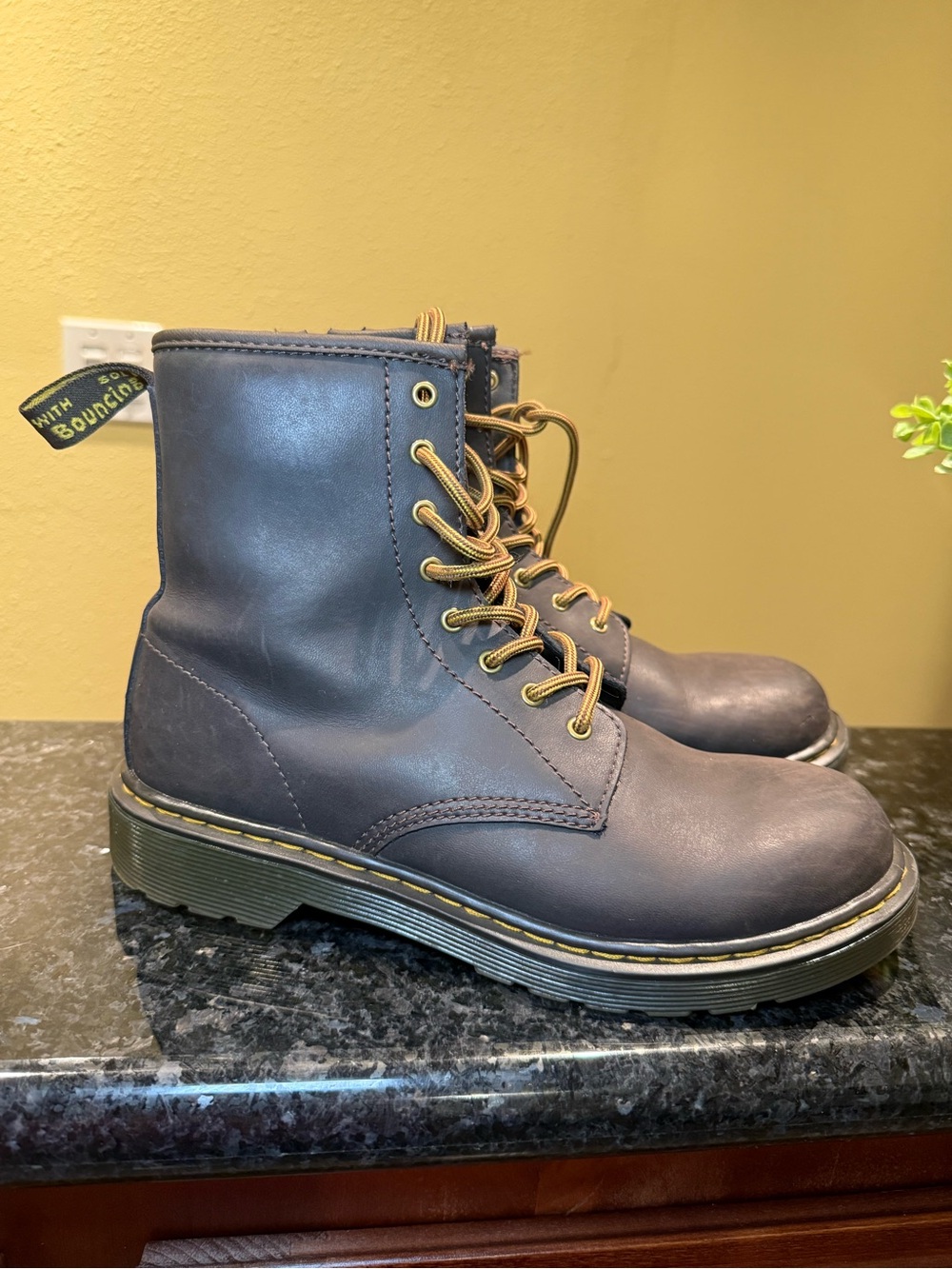 Dr. Martens Women's Charcoal Lace-Up Leather Boots with Yellow Stitching